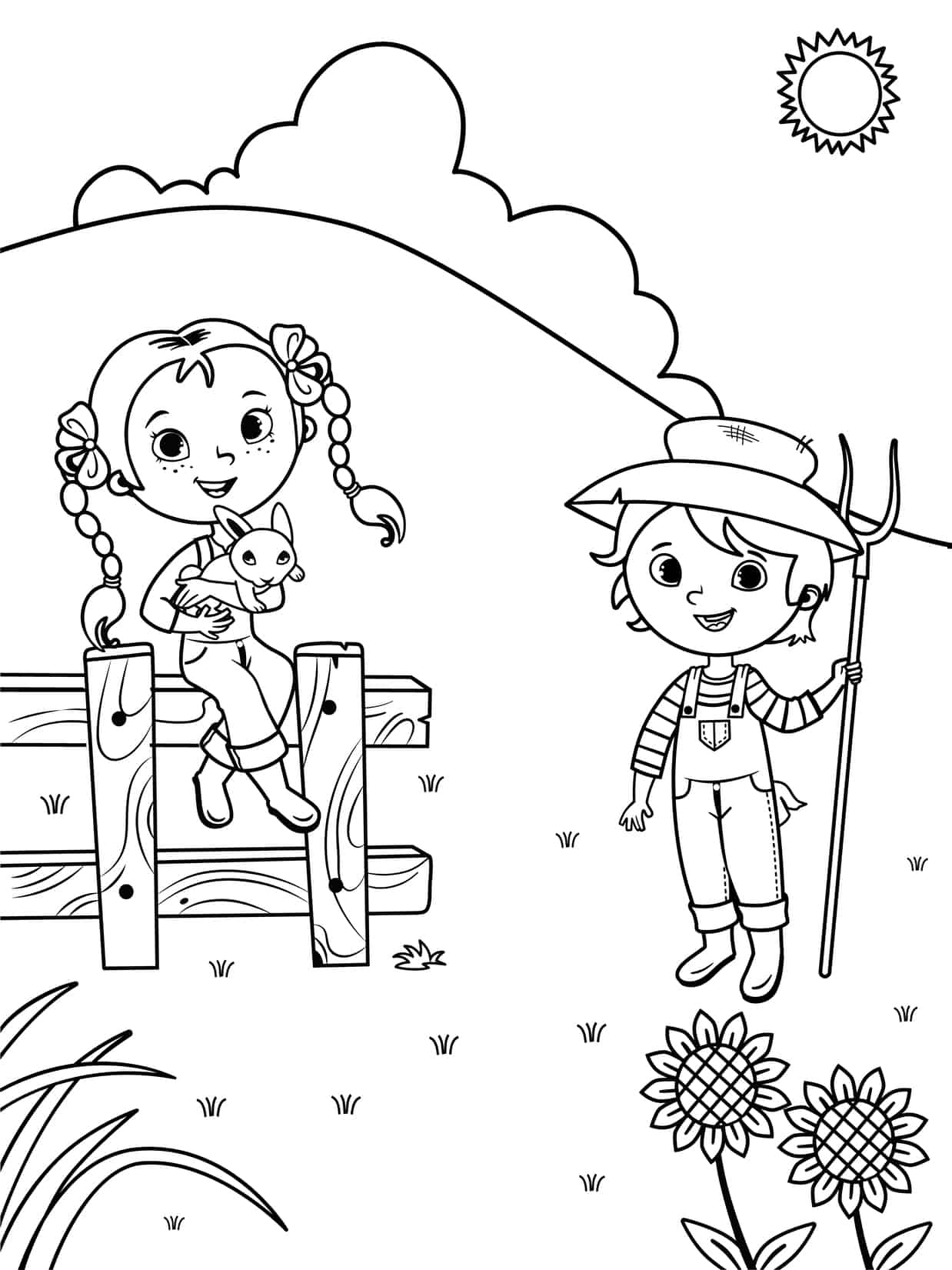 Menino e menina na fazenda para pintar