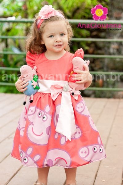 Vestido Aniversário Infantil Peppa Pig com laço Rosa