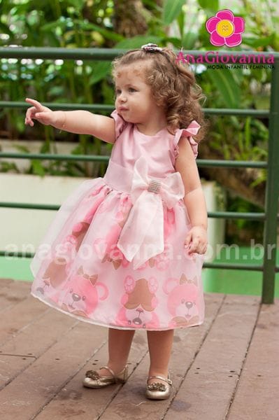 Vestido Infantil de Festa Ursas Marrom e rosa