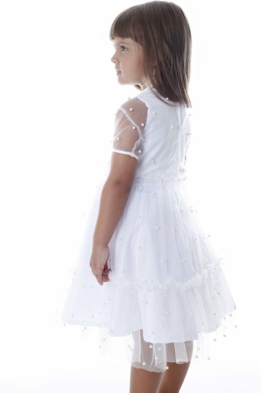 Vestido de Festa Infantil branco com tule de pérolas