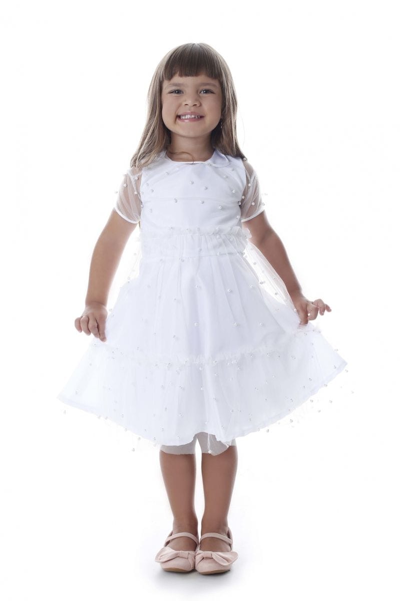 Vestido de Festa Infantil branco com tule de pérolas