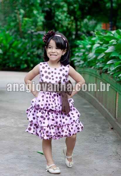 Vestido Infantil Rosa Balonê com Poá Marrom
