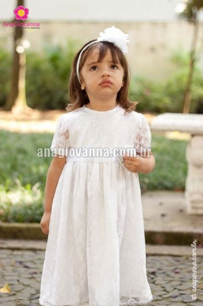 Vestido Infantil para festa de Renda Branco com mangas