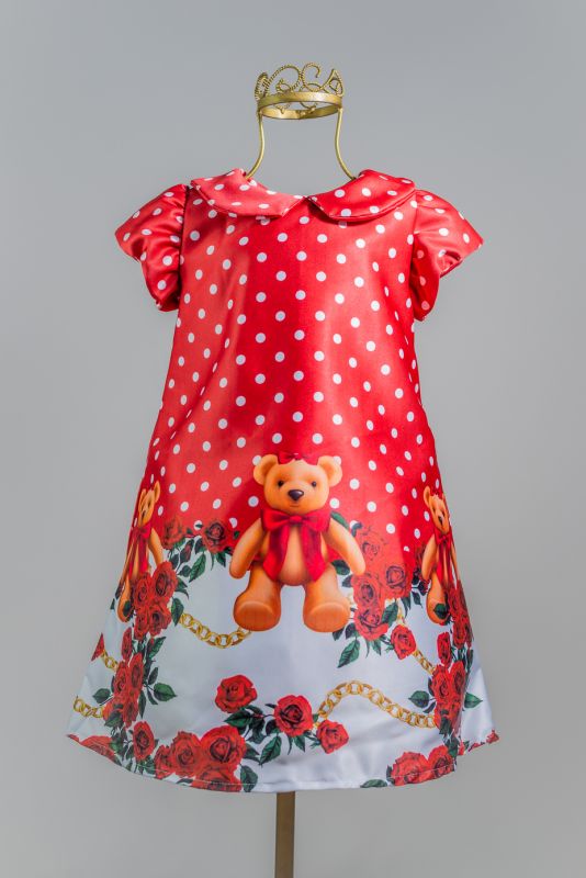 Vestido Infantil Ursinho E Floral Vermelho