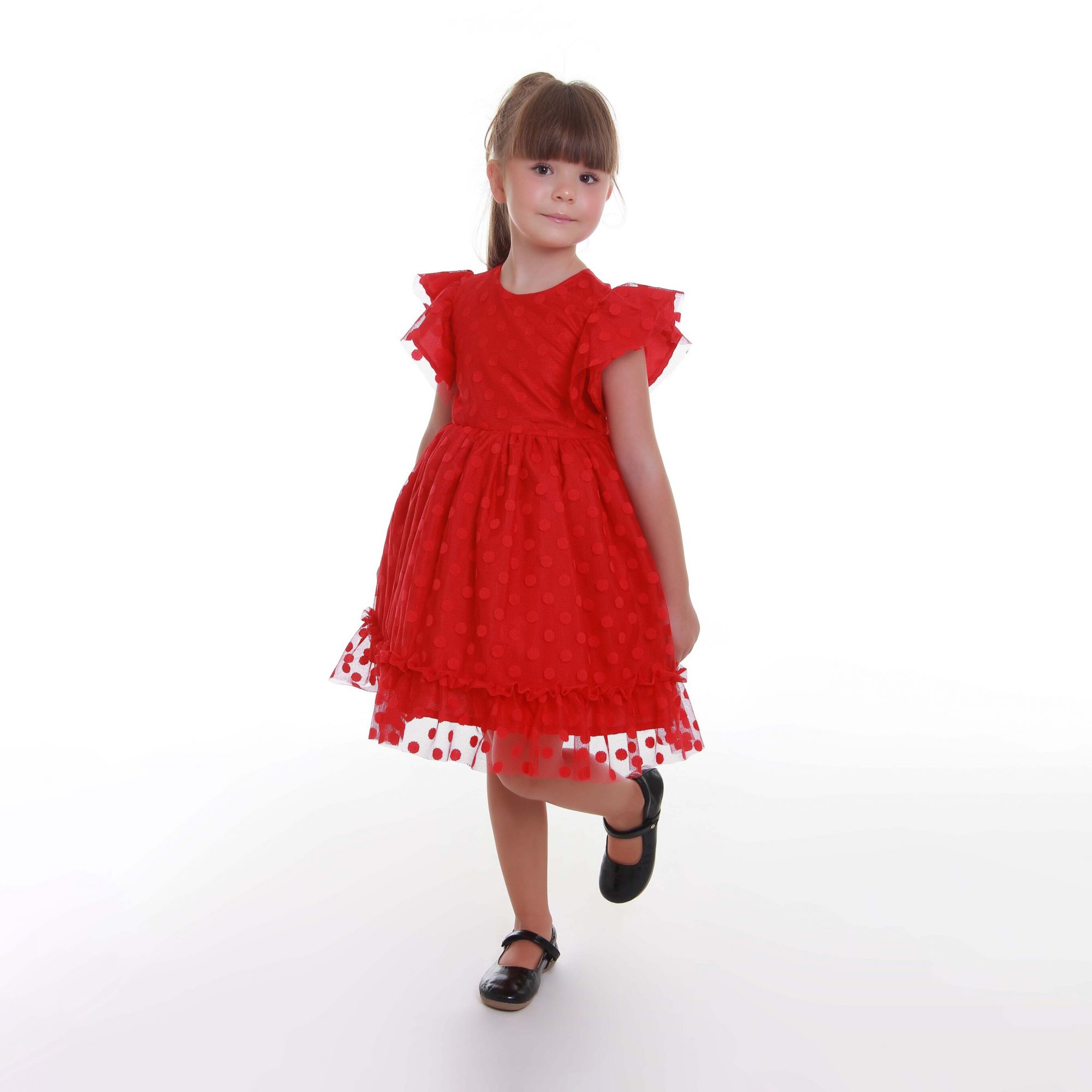 Vestido Infantil de Festa Tule Poá Vermelho